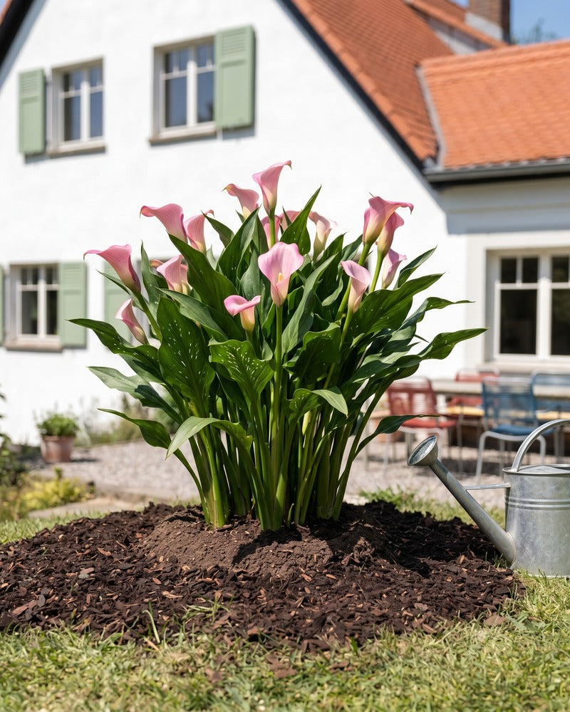 Rosa Calla in voller Blüte im Gartenbeet vor einem Landhaus mit Zinkgiesskanne