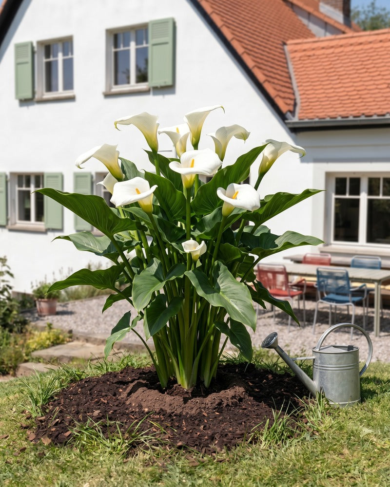 Weiße Calla in voller Blüte im Gartenbeet vor einem Landhaus mit Zinkgießkanne