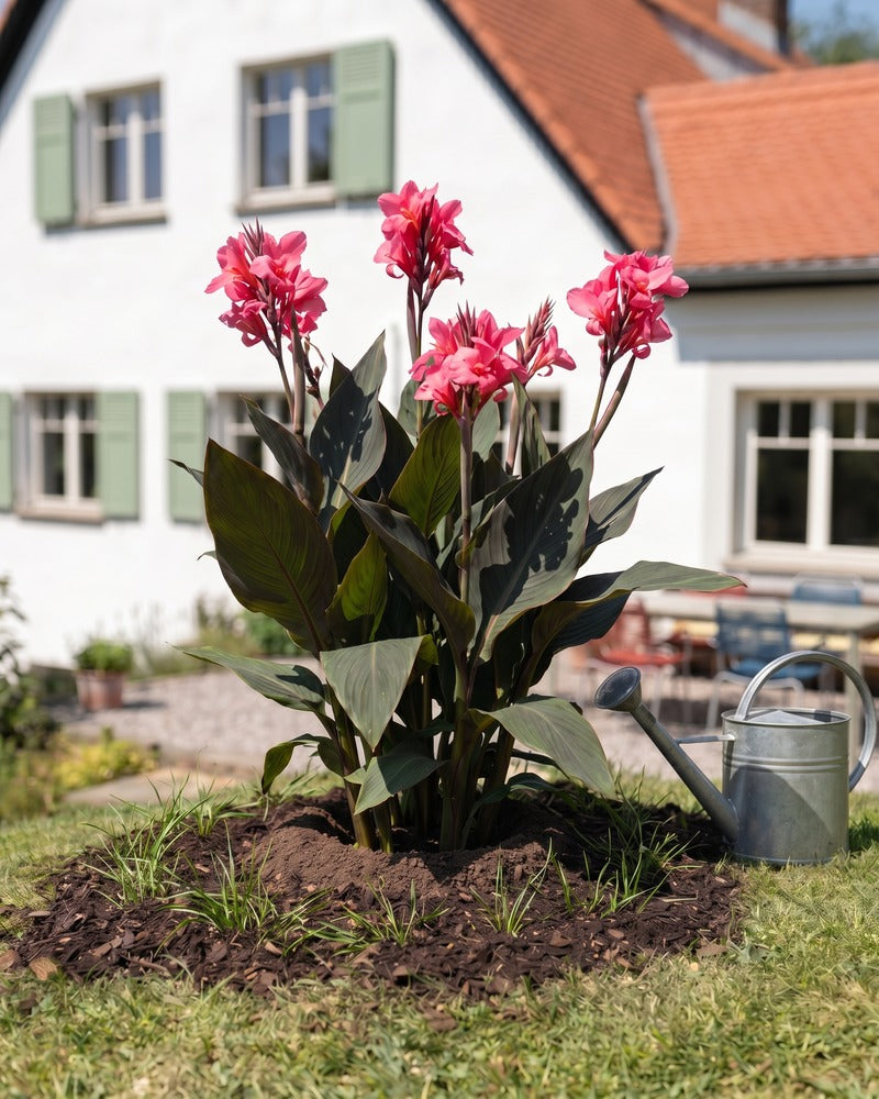 Pinke Canna in voller Blüte im Gartenbeet vor einem Landhaus mit Zinkgießkanne