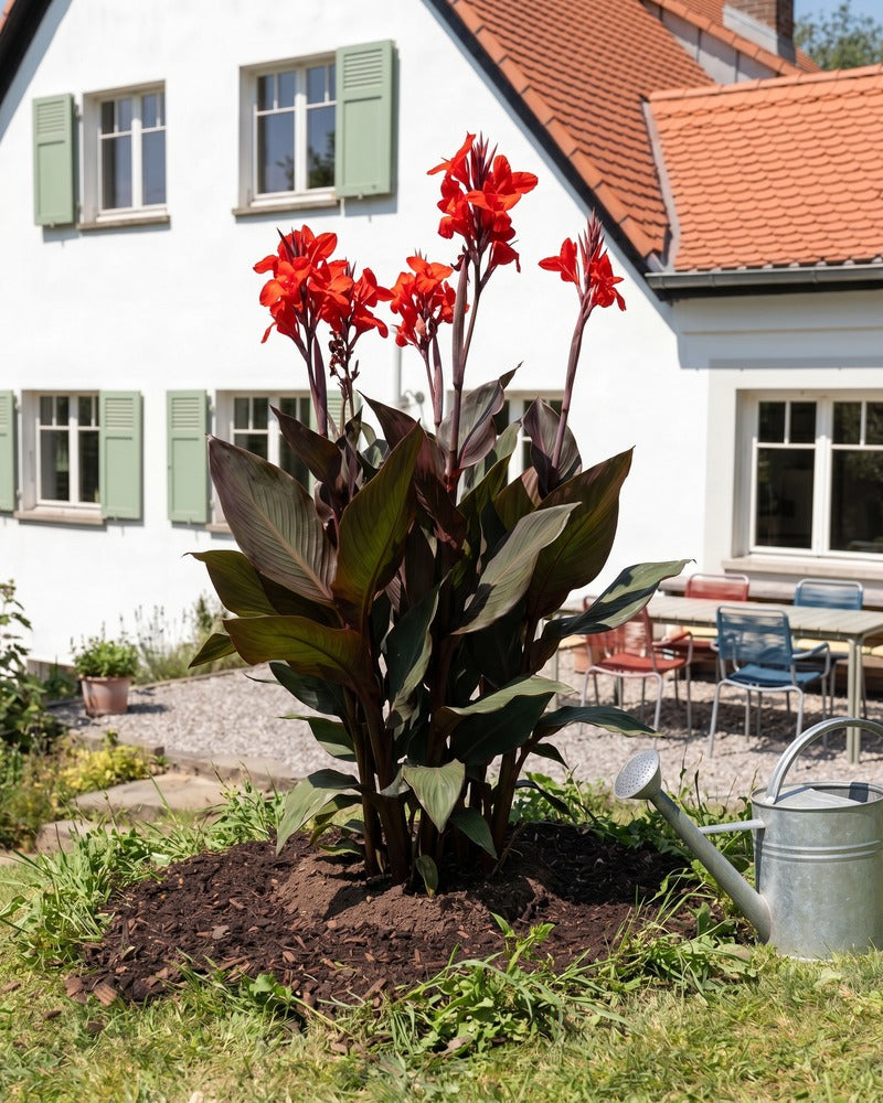 Rote Canna in voller Blüte im Gartenbeet vor einem Landhaus mit Zinkgießkanne