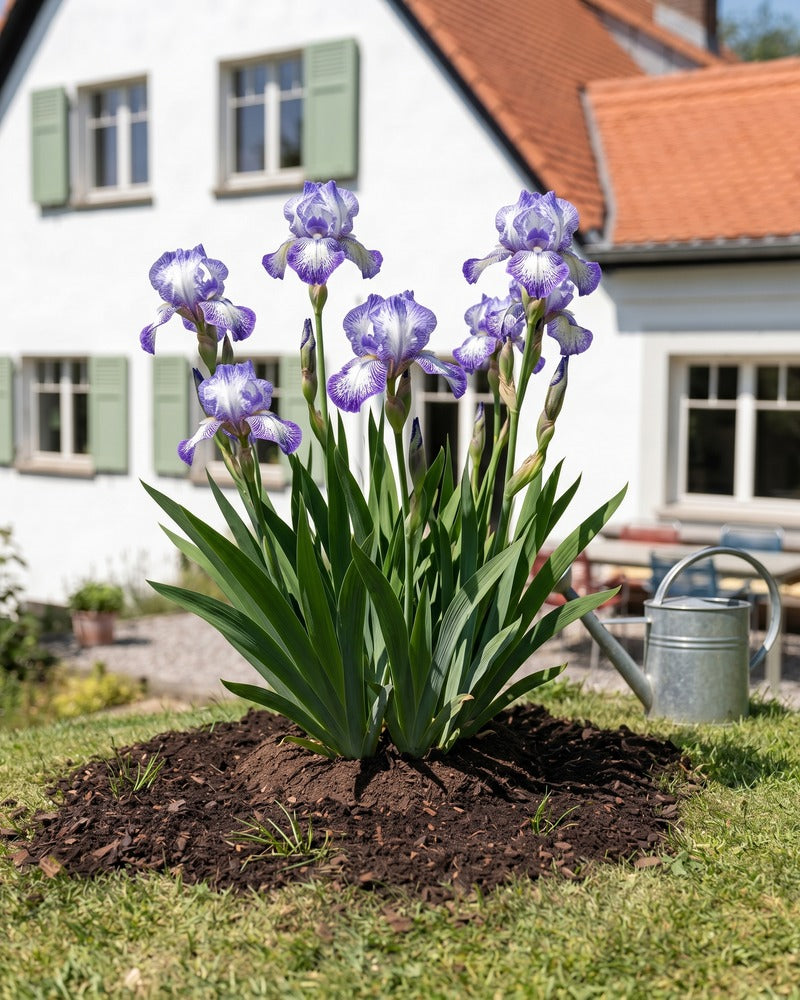 Weiß-violette Iris in voller Blüte im Gartenbeet vor einem Landhaus mit Zinkgießkanne