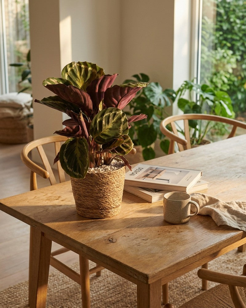 Calathea Roseopicta im geflochtenen Korb-Übertopf auf einem rustikalen Holz-Esstisch mit Büchern und Keramiktasse im sonnendurchfluteten Esszimmer