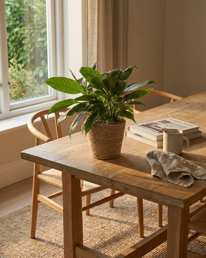 Einblatt im geflochtenen Korb-Übertopf auf einem Holz-Esstisch am Fenster im hellen skandinavischen Esszimmer