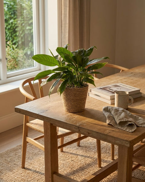 Einblatt im geflochtenen Korb-Übertopf auf einem Holz-Esstisch am Fenster im hellen skandinavischen Esszimmer