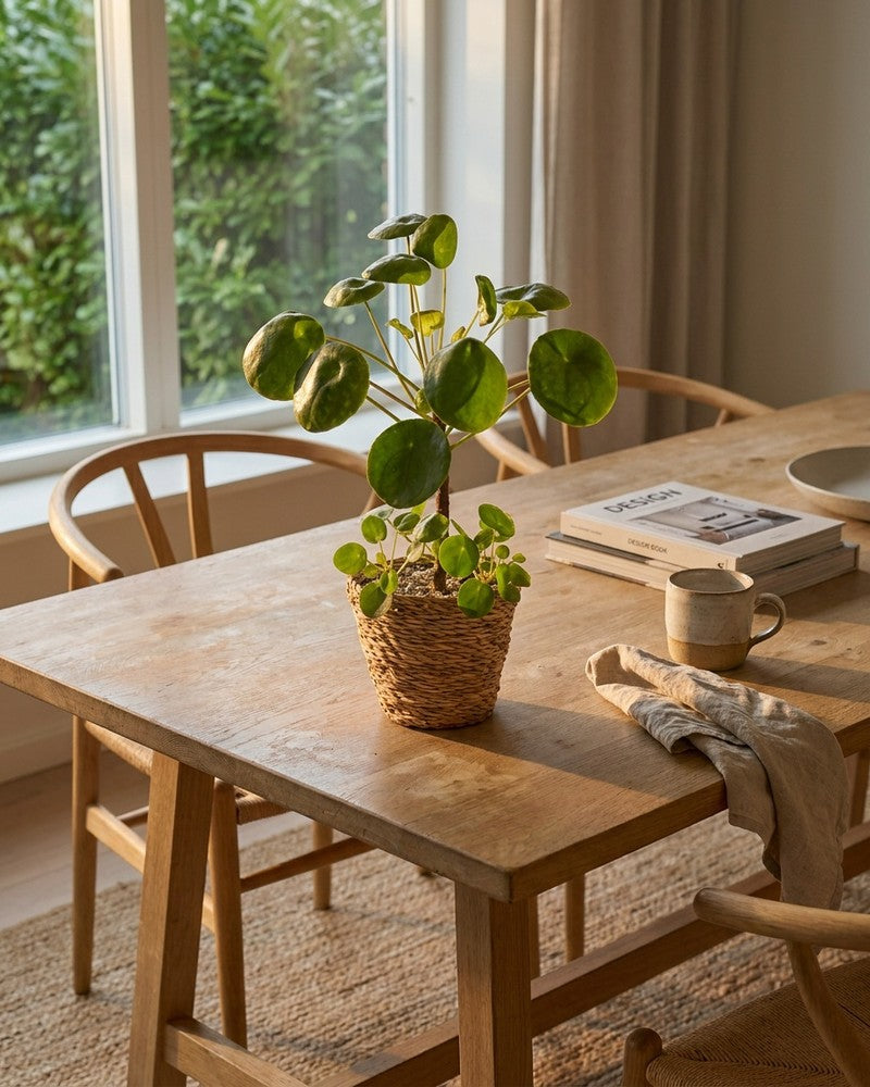 Ufopflanze Bäumchen im geflochtenen Korb-Übertopf auf einem Holz-Esstisch am Fenster im hellen skandinavischen Esszimmer