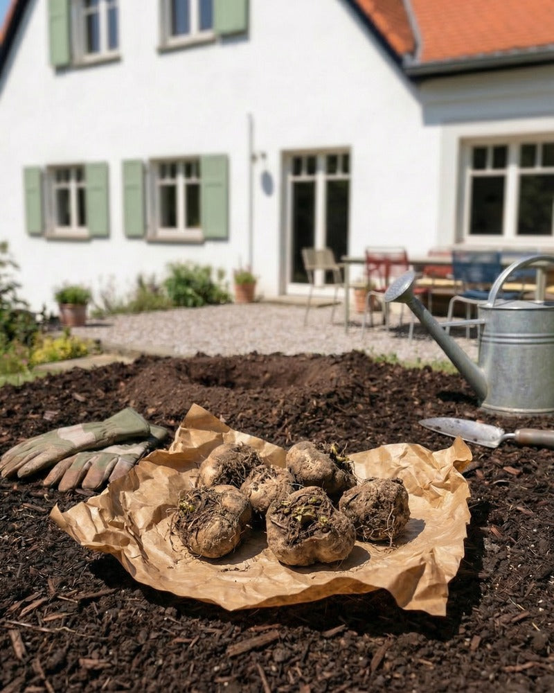 Knollen auf Packpapier mit Gartenhandschuhen und Zinkgießkanne in einem Gartenbeet