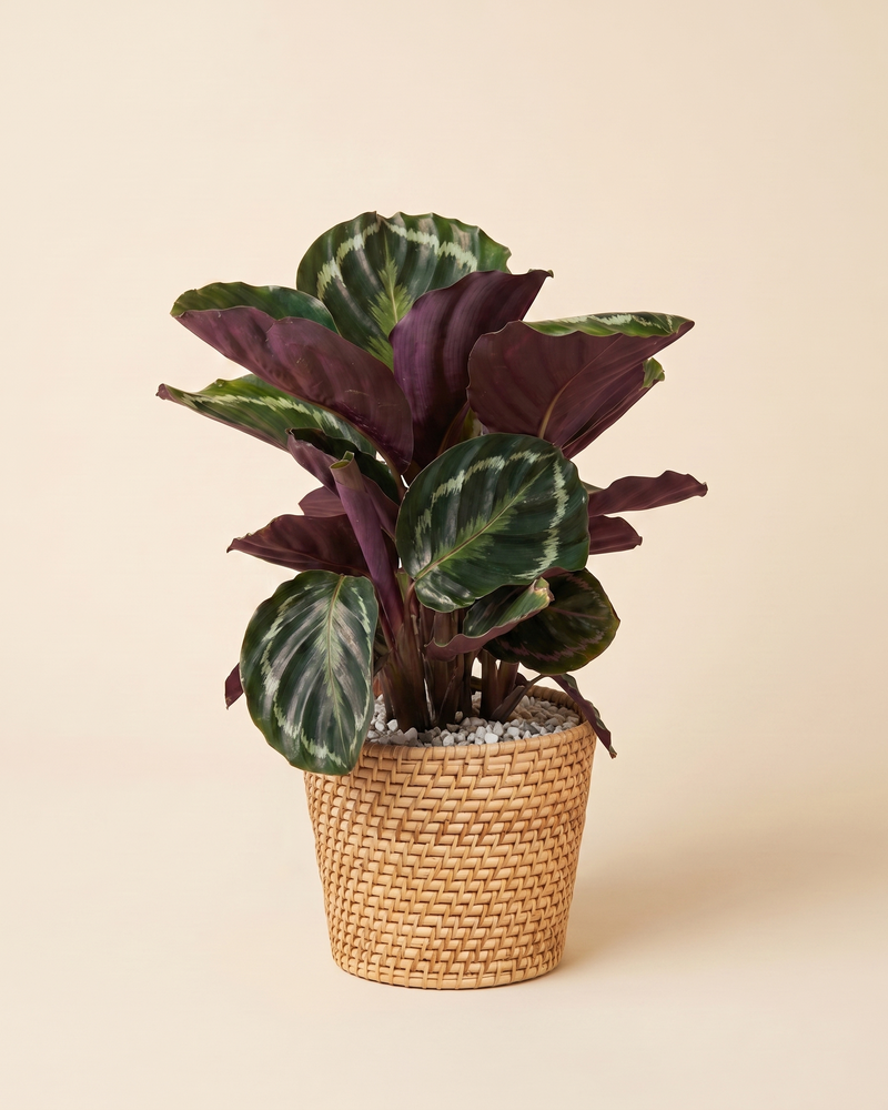 Calathea Roseopicta im geflochtenen Calen-Rattankorb vor beigem Hintergrund