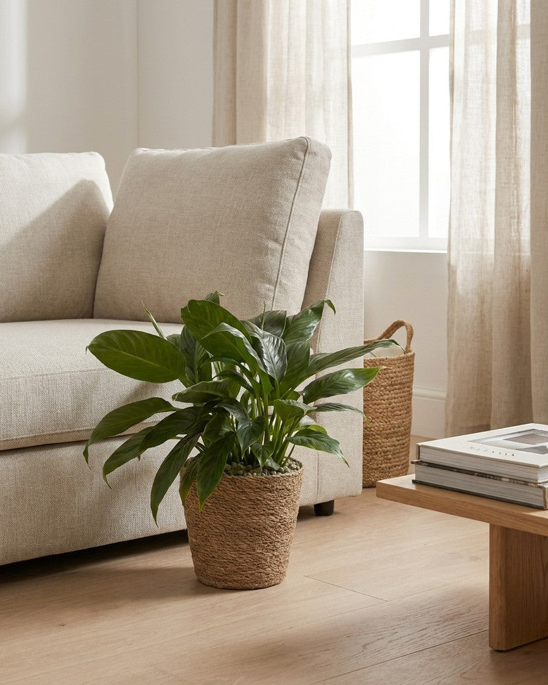 Einblatt im Korb-Übertopf auf dem Boden neben einem cremefarbenen Sofa im hellen Wohnzimmer