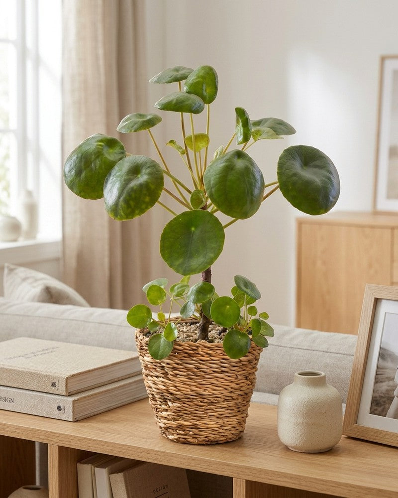 Ufopflanze Bäumchen im Seegraskorb auf einer Holzkommode neben Büchern und einer kleinen Vase im hellen Wohnzimmer