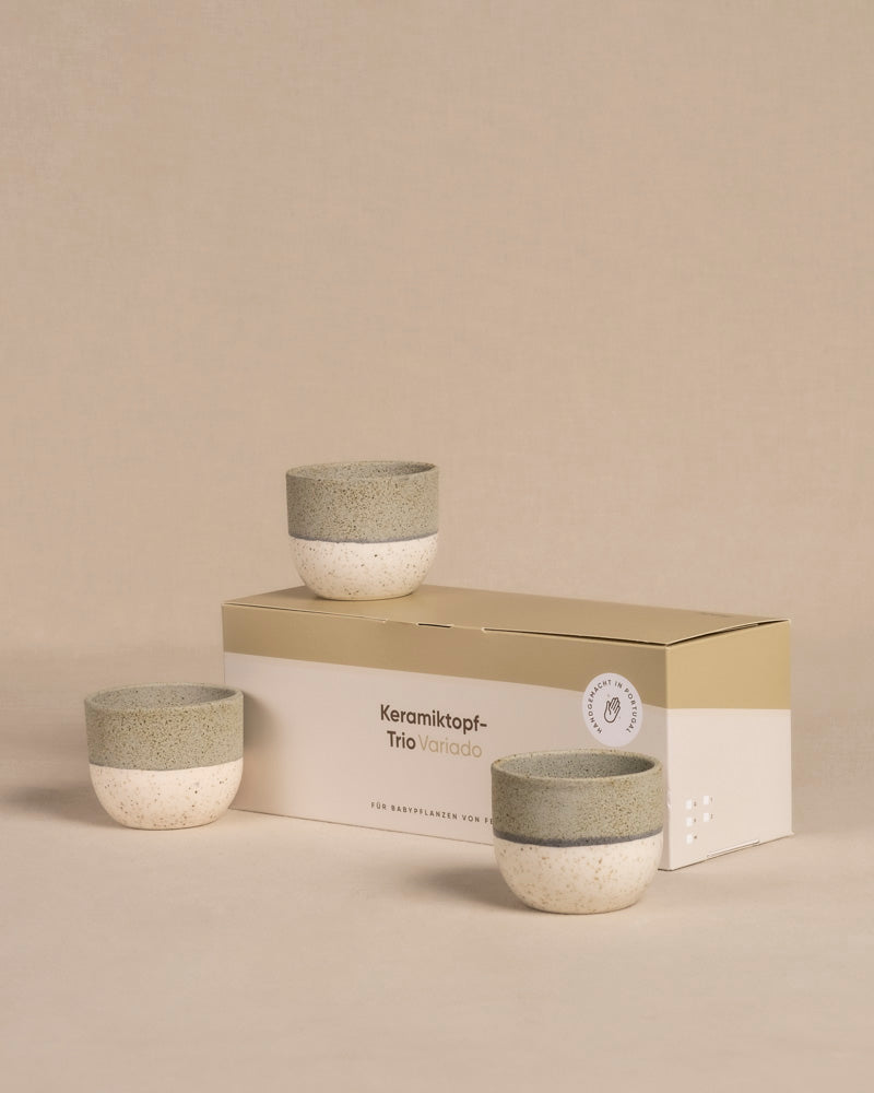 Neun gesprenkelte graue Keramikschalen mit weißem Boden stehen neben einer beigefarbenen Schachtel mit der Aufschrift „Keramik Baby-Topfset ‚Variado‘ (9 Stk.)“. Dieses minimalistische Design, perfekt für die Präsentation einer Babypflanze, zeichnet sich durch ein kleines rundes Emblem auf der Verpackung aus.