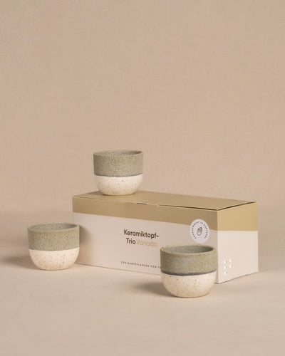 Neun gesprenkelte graue Keramikschalen mit weißem Boden stehen neben einer beigefarbenen Schachtel mit der Aufschrift „Keramik Baby-Topfset ‚Variado‘ (9 Stk.)“. Dieses minimalistische Design, perfekt für die Präsentation einer Babypflanze, zeichnet sich durch ein kleines rundes Emblem auf der Verpackung aus.