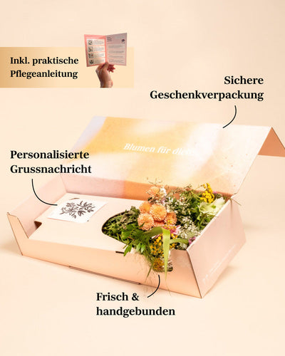 Eine offene pastellfarbene Blumenbox enthält einen frischen, handgebundenen Wanderlust-Strauß, der von Bergluft inspiriert wurde, eine persönliche Grußkarte und eine Pflegeanleitung. Die Etiketten enthalten Pflegetipps, eine sichere Verpackung und Ihre persönliche Nachricht.