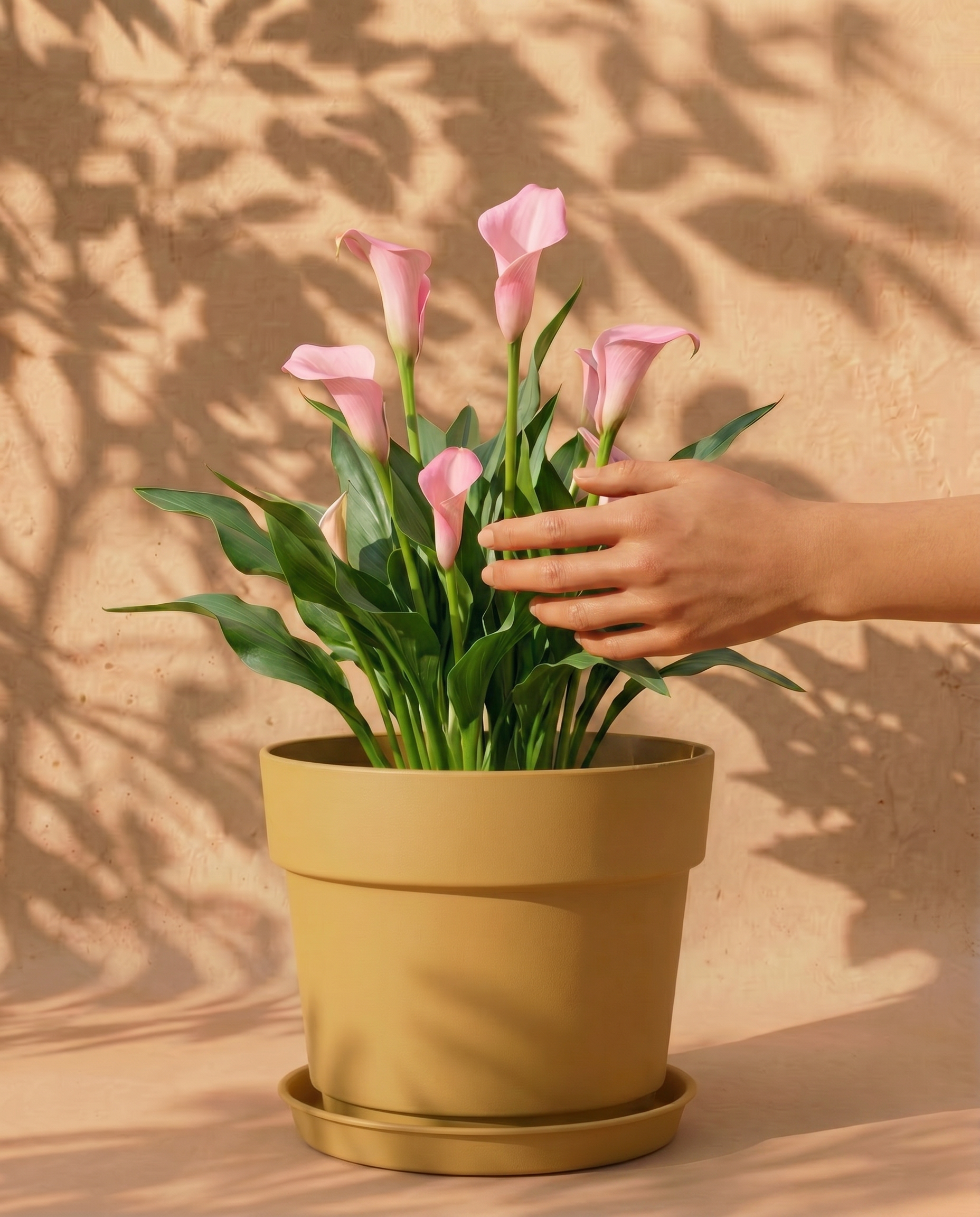 Rosa Calla im gelben Bloom-Übertopf mit dekorativem Band und Untersetzer