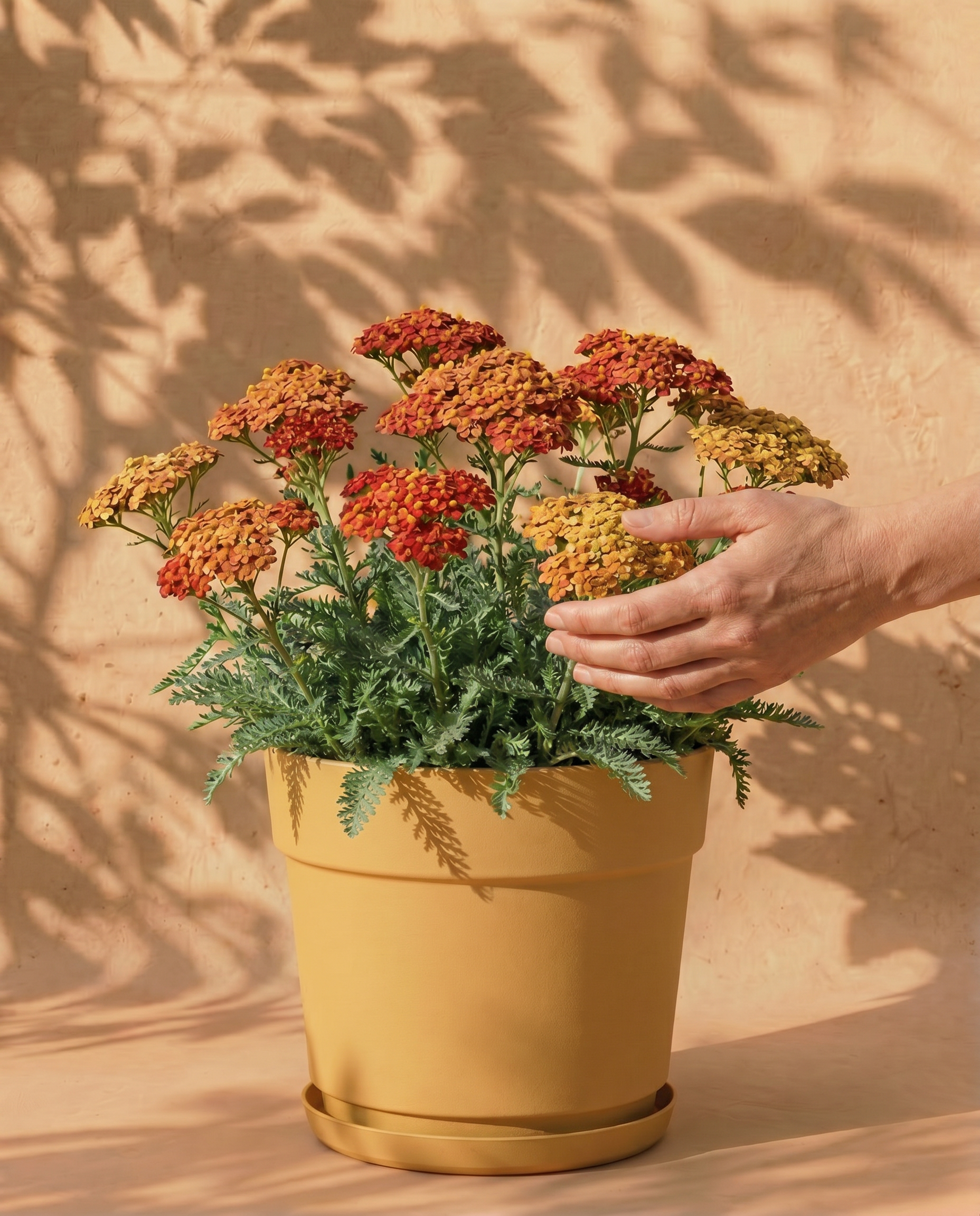 Orange-braune Schafgarbe im grauen Bloom-Übertopf mit dekorativem Band und Untersetzer