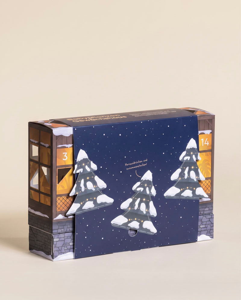 Länglicher Pflanzen-Adventskalender in Abendblau mit Tannenmotiv auf der Vorderseite und Häuserfenstern an den Seiten, Türchen 3 und 14 sichtbar.