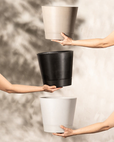 Drei Hände halten drei verschiedenfarbige Töpfe in vertikaler Anordnung vor einem neutralen, strukturierten Hintergrund. Die oberste Hand hält einen beigen Topf aus Recycling-Kunststoff, die mittlere Hand hält ein schwarzes Pflanzkübel-Set Venedig (3x 30) und die untere Hand hält einen weißen Topf, der mit einem fortschrittlichen Drainage-System ausgestattet ist.