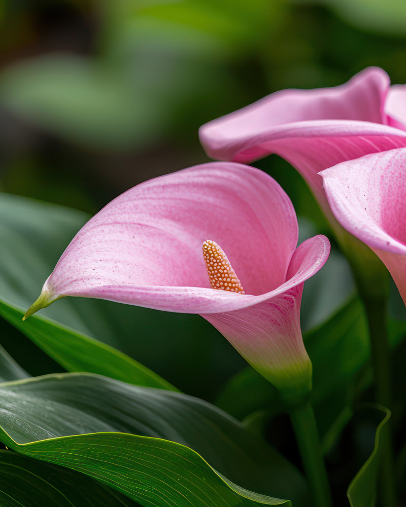 Nahaufnahme von zwei Calla-Lilien (Rosa) mit glatten, gebogenen Blütenblättern und gelben Blütenkelchen inmitten üppiger grüner Blätter in einem Garten. Diese eleganten Blüten wachsen aus einem robusten Rhizom.