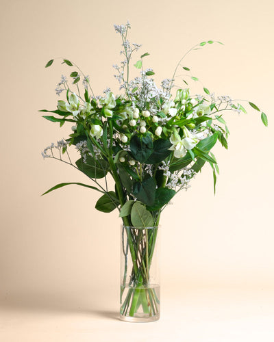 In einer klaren Glasvase steht der Luftkuss-Strauß mit üppigen grünen Blättern, weißen Blüten und zarten weißen Beeren vor einem beigen Hintergrund - perfekt, um einen Hauch von Liebe zu teilen.