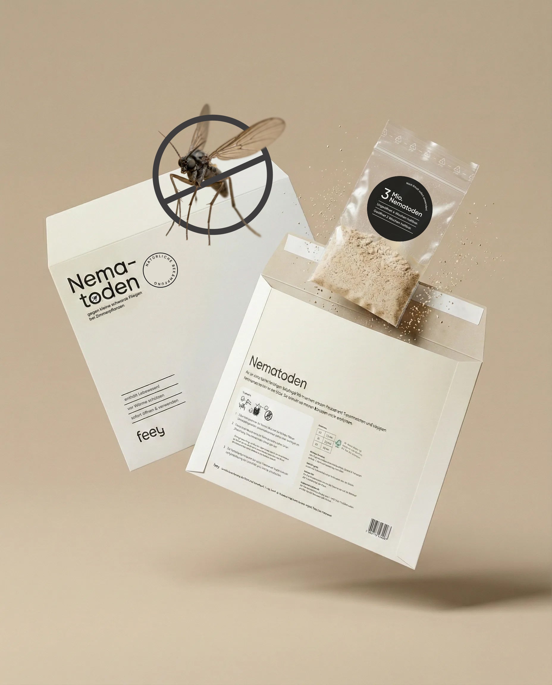 Zwei beigefarbene Verpackungen mit der Aufschrift 