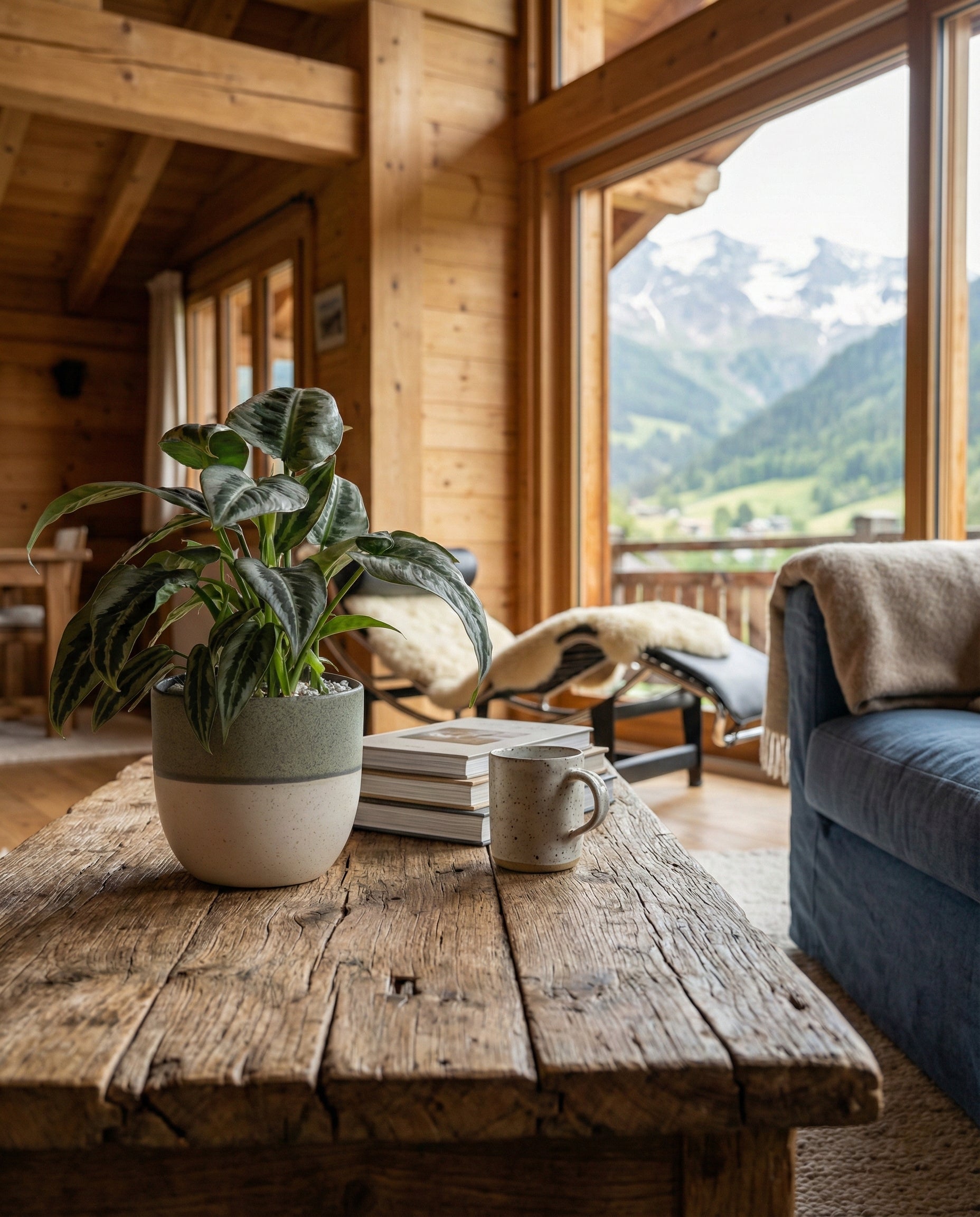 In einem rustikalen Wohnzimmer mit Holzwänden und Blick auf die Berge steht eine Schismatoglottis 'Silver Indukan' - feey auf dem Couchtisch mit Büchern und einer Tasse. Eine blaue Couch und ein gemütlicher Sessel sorgen für Komfort im Hintergrund.