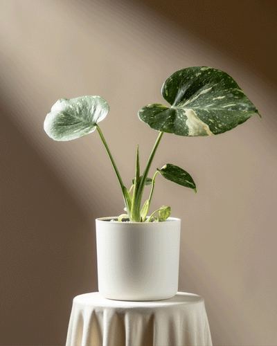 Eine Monstera 'Thai Constellation' - feey mit auffallend grünen und weißen Blättern in einem weißen Topf ruht auf einem drapierten runden Tisch, der in weiches Sonnenlicht vor einem beigen Hintergrund getaucht ist.