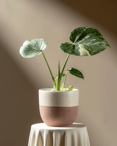 Eine Monstera 'Thai Constellation' - feey, mit auffallend bunten Blättern, sitzt auf einem runden, mit weißem Tuch drapierten Tisch, der in Sonnenlicht vor einem sanften braunen Hintergrund getaucht ist.