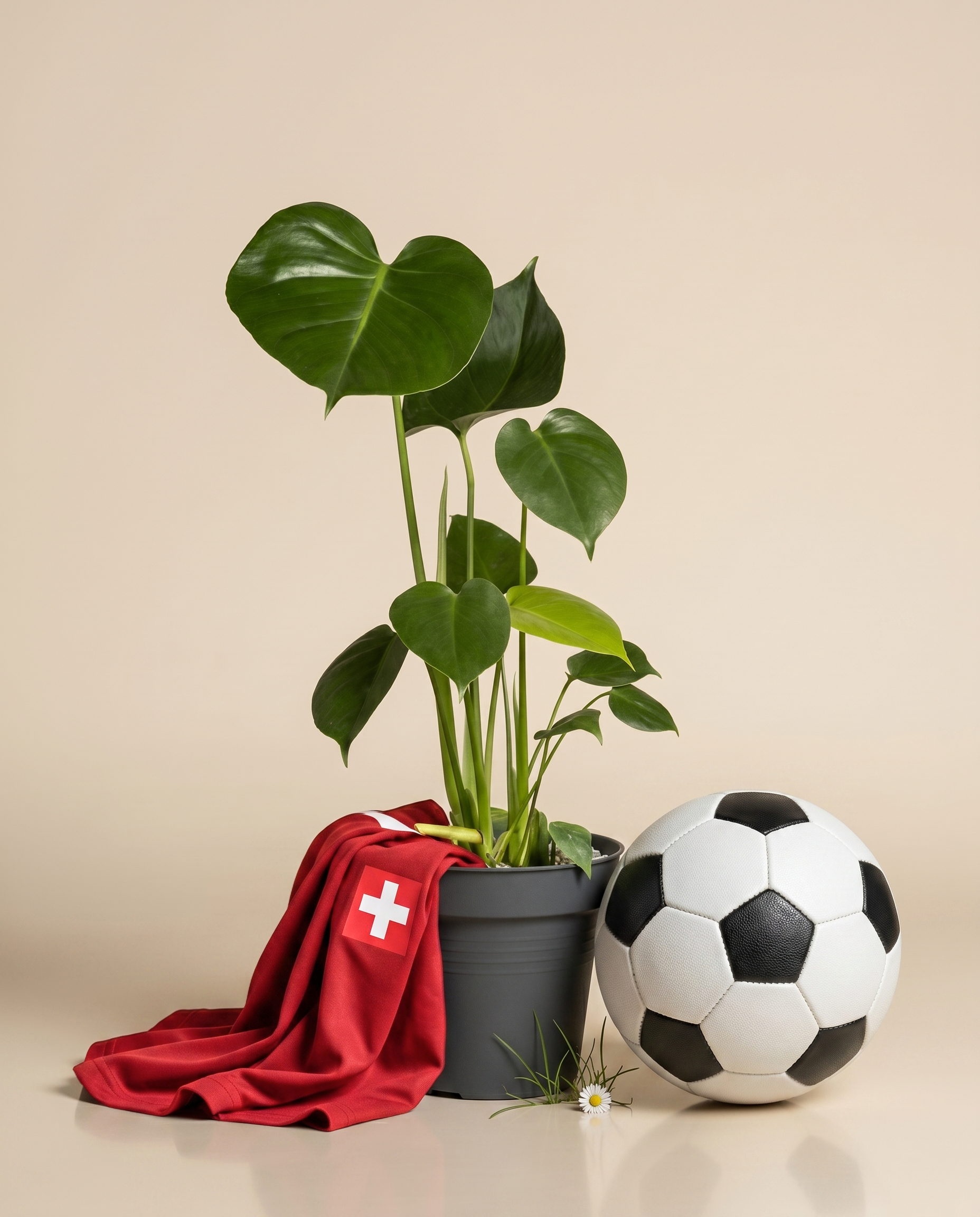 Eine Monstera - Fee mit großen, glänzend grünen Blättern sitzt in einem schwarzen Plastiktopf vor einem beigen Hintergrund - eine ideale Zimmerpflanze für jedes Zuhause.