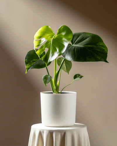 Eine Monstera aurea - Fee mit leuchtenden, glänzenden Blättern sitzt auf einem runden, weiß drapierten Tisch, der vom Sonnenlicht vor einem sanften braunen Hintergrund beleuchtet wird.