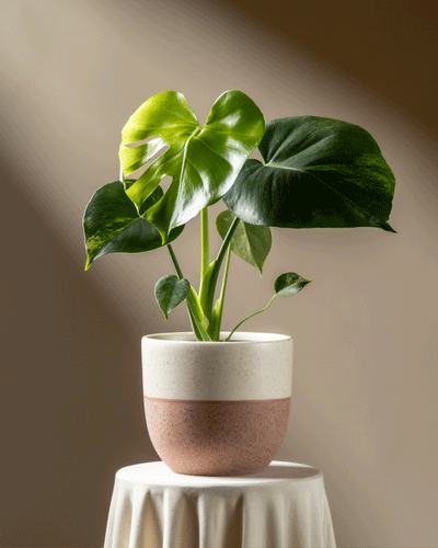Eine Monstera aurea - feey mit leuchtend grünen Blättern steht auf einem runden, weiß gedeckten Tisch, der in sanftes natürliches Licht vor einem neutralen Hintergrund getaucht ist.