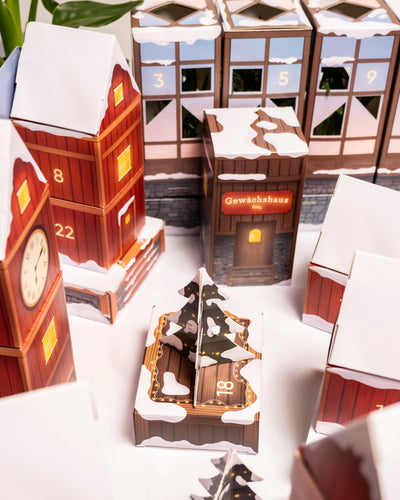 Eine festliche Szene mit roten und braunen schneebedeckten Gebäuden, die wie der Pflanzen-Adventskalender nummeriert sind, mit einem Mini-Weihnachtsbaum in der Mitte, einem "Gewächshaus"-Schild an einem Gebäude und kleinen Blumentöpfen im Außenbereich.