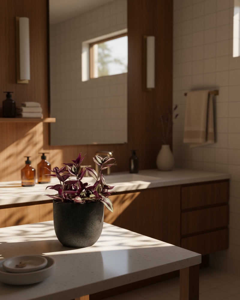 Eine Tradescantia zebrina - feey in einem dunklen Topf steht auf einem sonnenbeschienenen Badezimmertisch mit Holzschränken, weiß gefliesten Wänden und ordentlich angeordneten Flaschen und Handtüchern im Hintergrund.