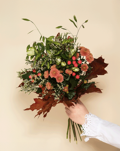 Eine Hand in einem weißen Rüschenärmel hält den Herbstfreude-Strauß - rote Beeren, orangefarbene Chrysanthemen und Herbstlaub -, der eine Reihe von warmen Farben vor einem hellbeigen Hintergrund zeigt.