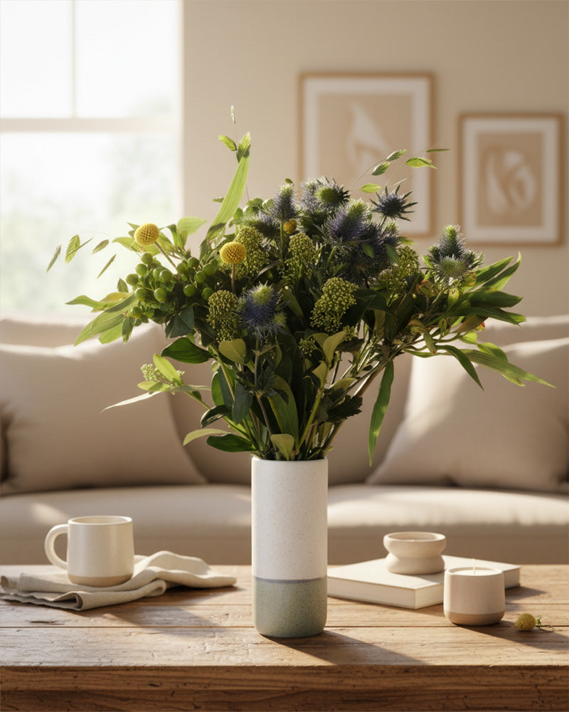 Die Vase des Erfolgsgeheimnisses, gefüllt mit grünen Blättern und blauen Disteln, steht auf einem hölzernen Couchtisch neben einer Tasse, einem Buch und einer Kerze. Ein beiges Sofa und gerahmte Kunstwerke ergänzen den sanft beleuchteten Hintergrund.