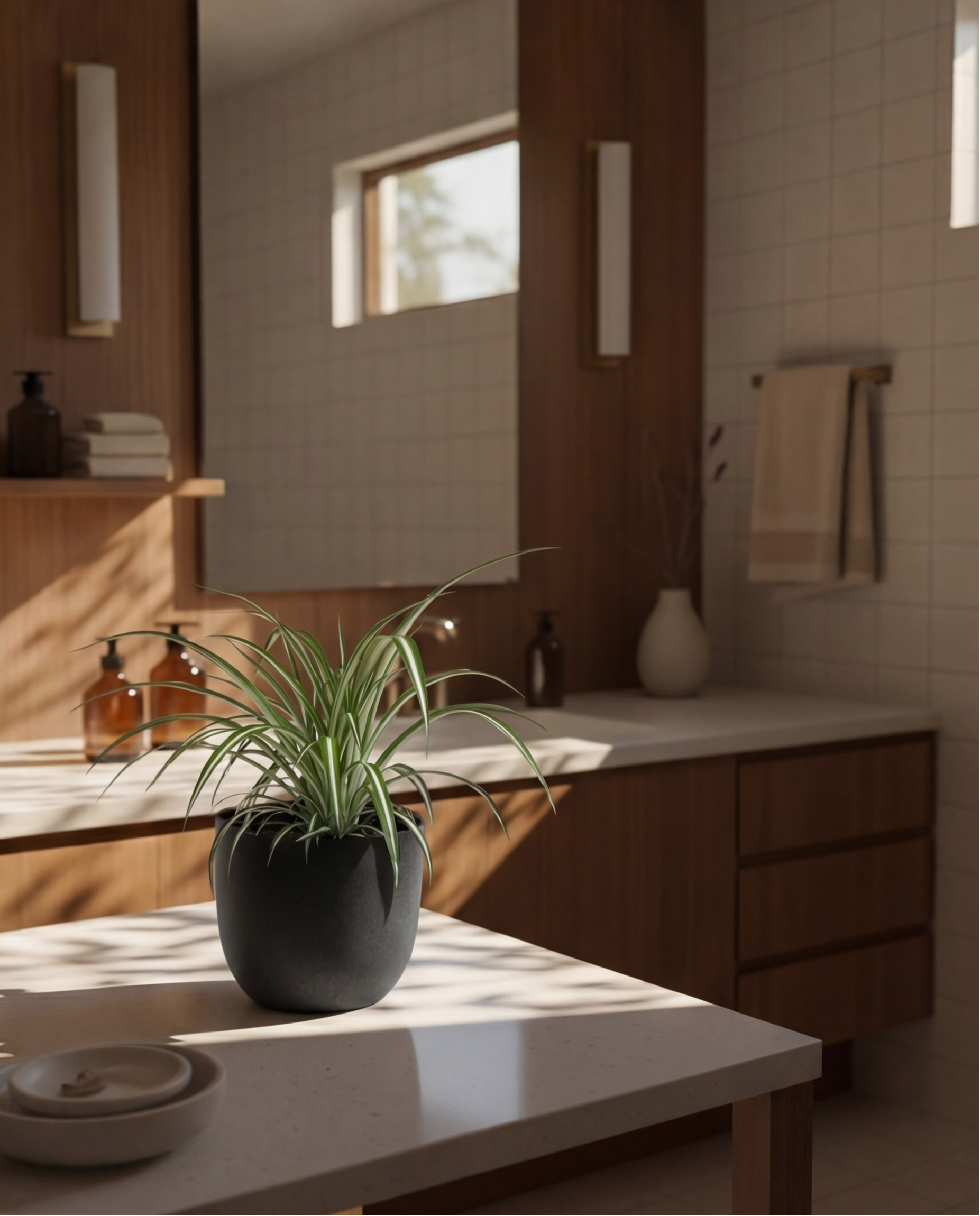 Ein sonnendurchflutetes Badezimmer mit Holzschränken, weißen Arbeitsplatten und beige gefliesten Wänden verfügt über eine Grünlilie auf der Arbeitsplatte, die für einen Hauch von Grün sorgt. Handtücher, Seifenspender und eine Vase sind im Hintergrund angeordnet.